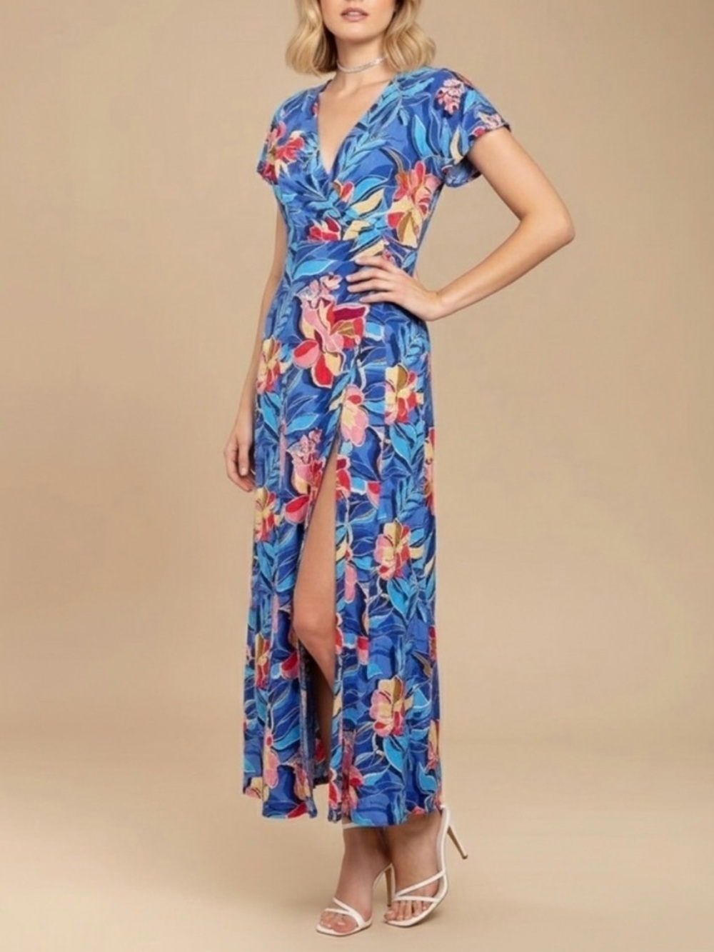 NEW ROKOKO Wrap floral Split Maxi Dress SMALL Blue Short Sleeve